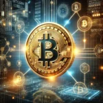 Εικόνα που απεικονίζει το Bitcoin και την τεχνολογία blockchain. Στο κέντρο δεσπόζει το σύμβολο του Bitcoin, περιτριγυρισμένο από διασυνδεδεμένους κόμβους και ψηφιακά μοτίβα που αντιπροσωπεύουν το blockchain.