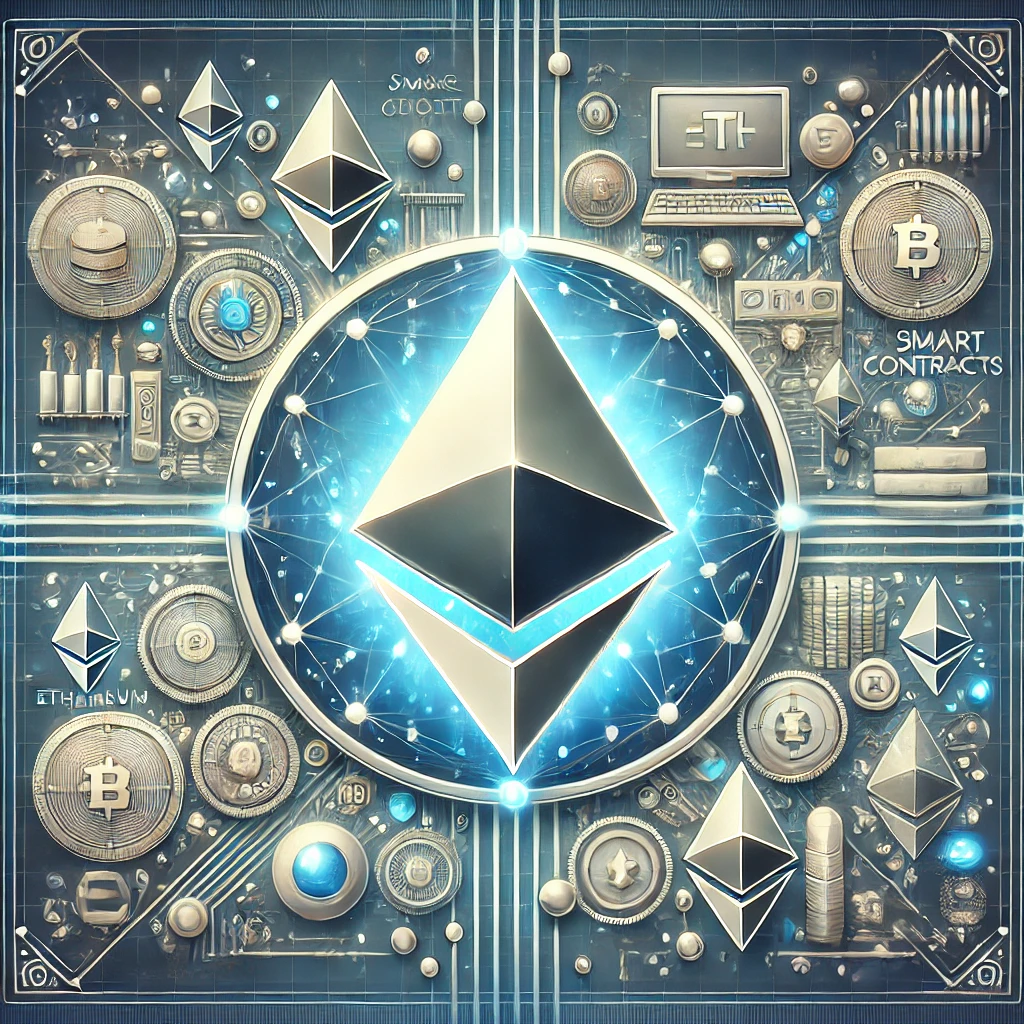 Η εικόνα απεικονίζει το Ethereum με το χαρακτηριστικό του λογότυπο και στοιχεία που αντιπροσωπεύουν την τεχνολογία blockchain και την καινοτομία