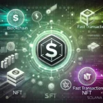 Solana blockchain: Το λογότυπο της Solana με στοιχεία blockchain, ταχύτητα συναλλαγών και NFTs, που τονίζουν την καινοτομία και την αποδοτικότητα του δικτύου.