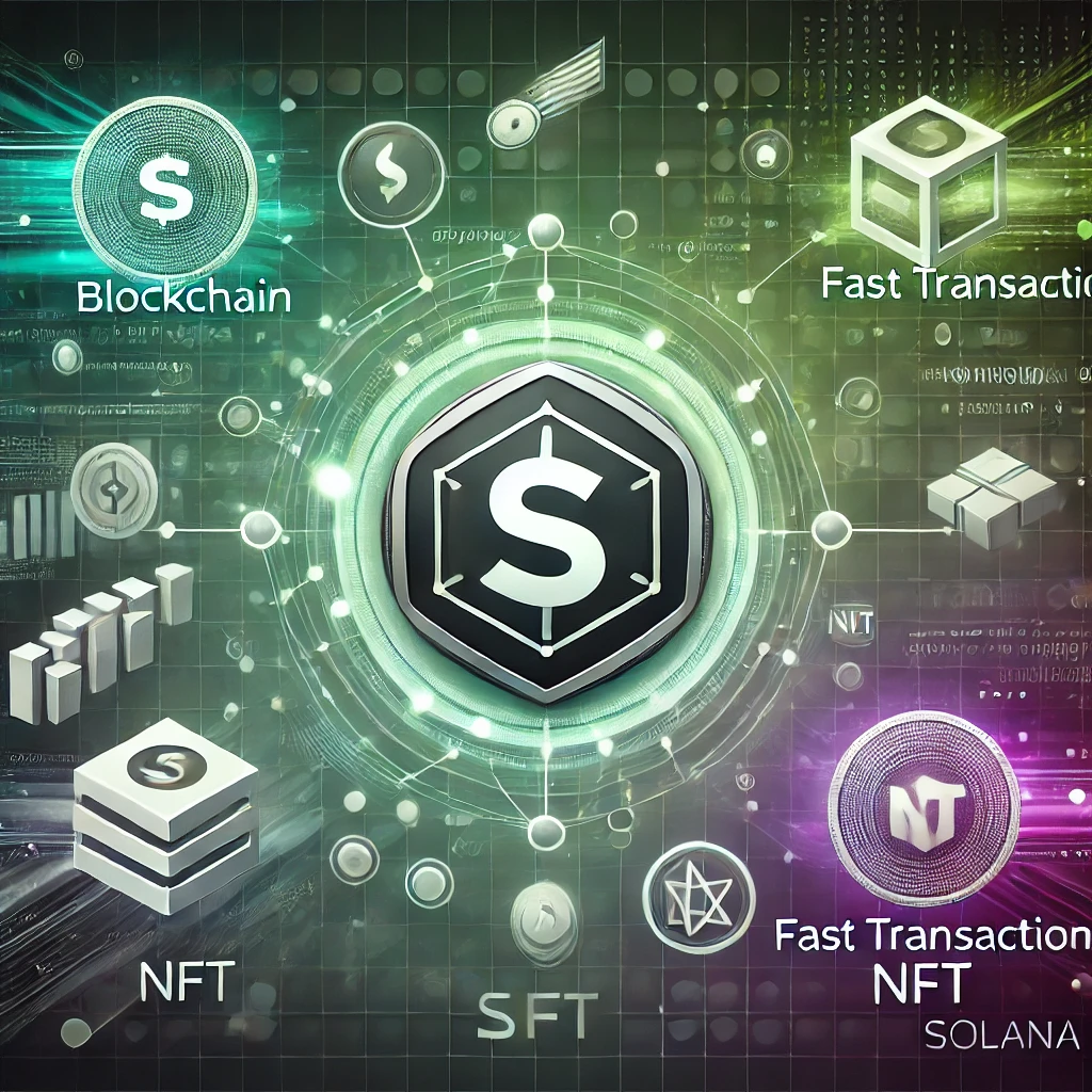 Solana blockchain: Το λογότυπο της Solana με στοιχεία blockchain, ταχύτητα συναλλαγών και NFTs, που τονίζουν την καινοτομία και την αποδοτικότητα του δικτύου.