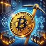 Εικόνα που απεικονίζει την εξόρυξη Bitcoin, με το σύμβολο του Bitcoin και ένα εικονικό σφυρί εξόρυξης, περιτριγυρισμένο από διαγράμματα blockchain και υπολογιστικά συστήματα σε φουτουριστικό περιβάλλον.